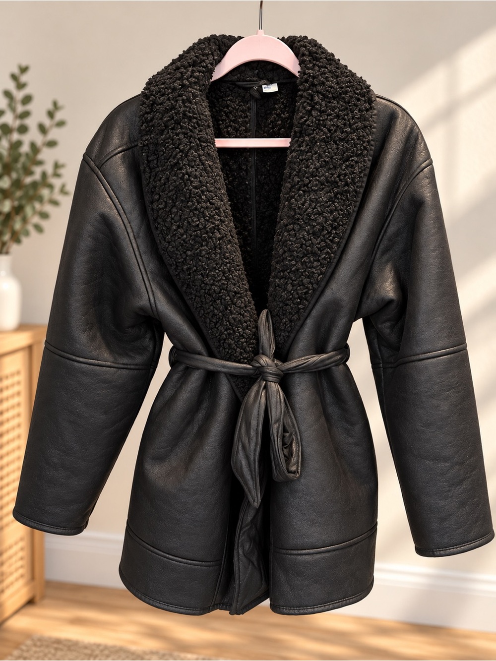 Black Faux Suede Sherpa Belted Coat -